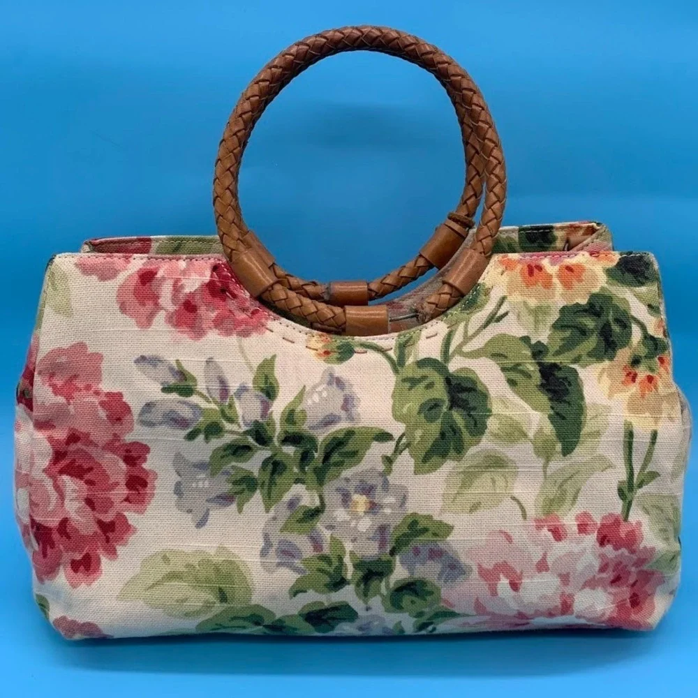 Fossil‎ Floral Print Canvas Satchel Bag Purse Woven Round Double Handle